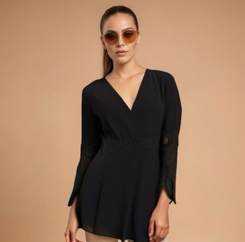 COLDWATER CREEK Womens Blouse L Black Chiffon V Neck Embellished Long Sleeve EXC